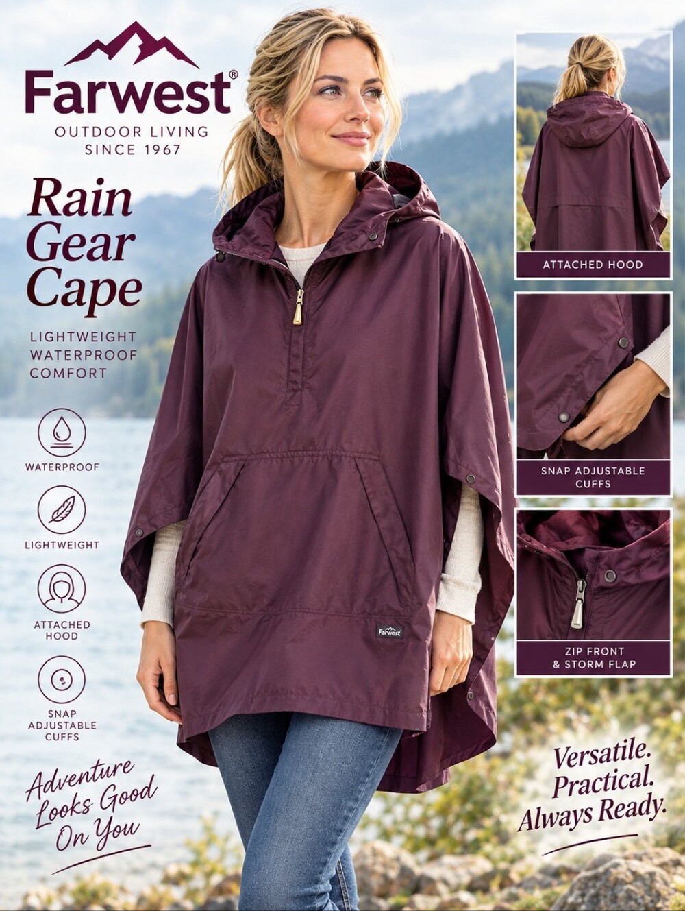 FARWEST Plum Hooded Rain Cape Snap sleeve openings 3/4 zip  EUC  Sz M